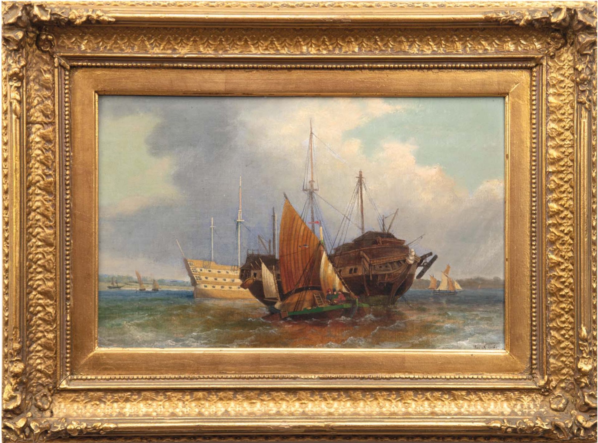 Jacobs, Jacob A. (1812-1879) "Schiffe im Hafen", Öl/Lw./Platte, sign. u.r., 27x42,5 cm, Originalrah