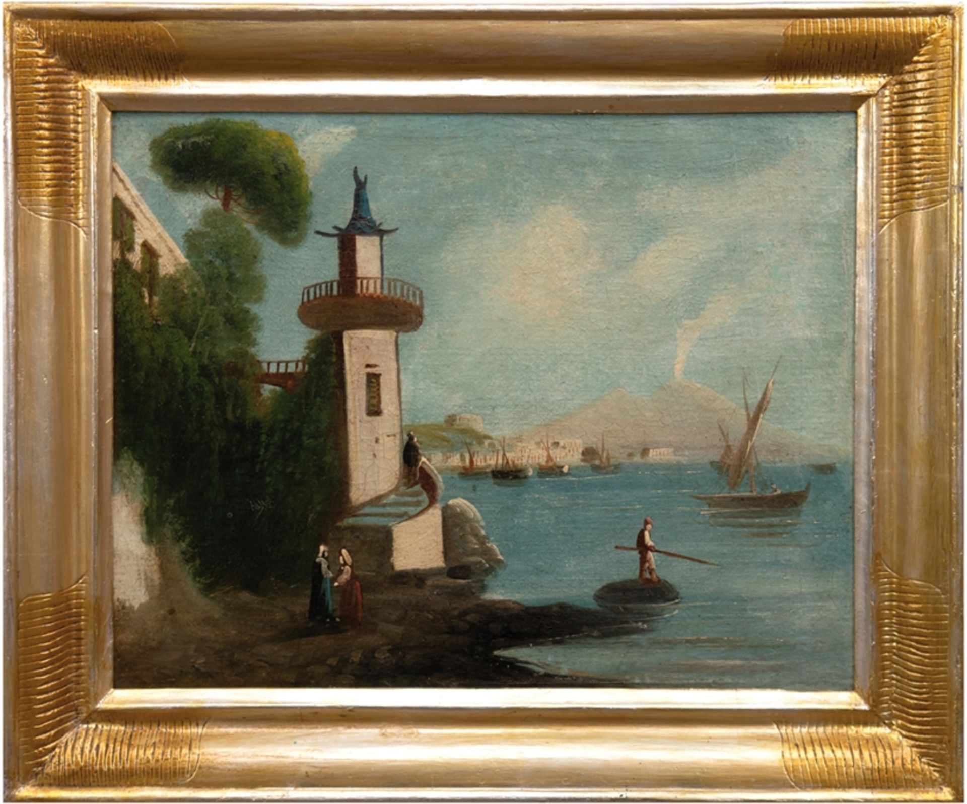 Neapolitanische Schule 19. Jh. "Italienische Szenerie mit Blick auf den Vesuv", Öl/Lw., 38x49 cm, R