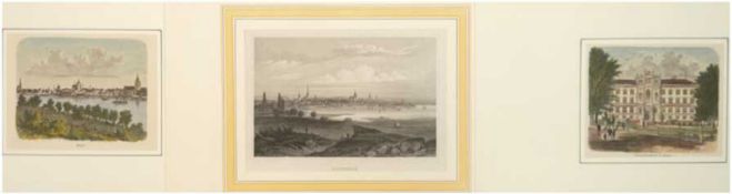 3 Lithos, 2x "Blick über die Warnow auf Rostock", Abb. 9,5x11 cm und "Universitätsgebäude in Rostoc