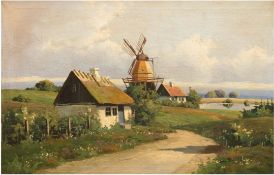 Maler um 1900 "Landidylle mit Mühle am See", Öl/ Lw., unsign., 45x65 cm Rahmen (besch.)