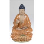 Buddha-Figur "Buddha mit Argumentationsgeste auf doppeltem Lotosthron sitzend", graue Keramik, z.T.