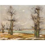 Rasenberger, Alfred (1885-1949 Düsseldorf) "Winterliche Rheinlandschaft mit Dampfer", Öl/Mp., sign