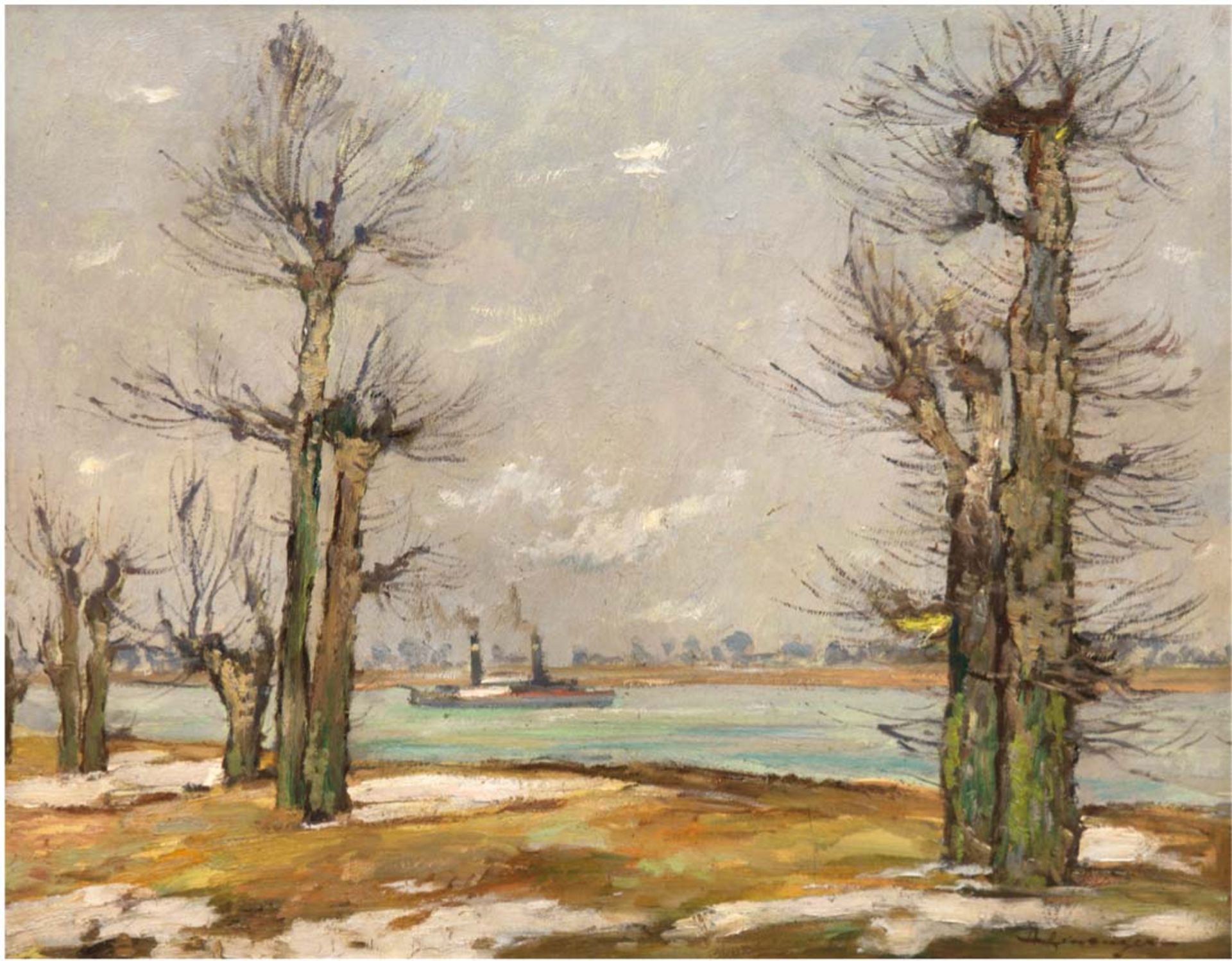 Rasenberger, Alfred (1885-1949 Düsseldorf)  "Winterliche Rheinlandschaft mit Dampfer", Öl/Mp., sign