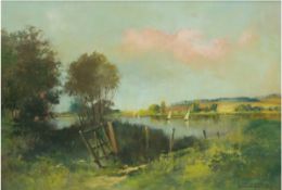 Funke, Bernd (1902 Essen-1988 Heide) "Sommerliche Seenlandschaft", Öl/Mp., sign. u.r., 31x40,5 cm, 