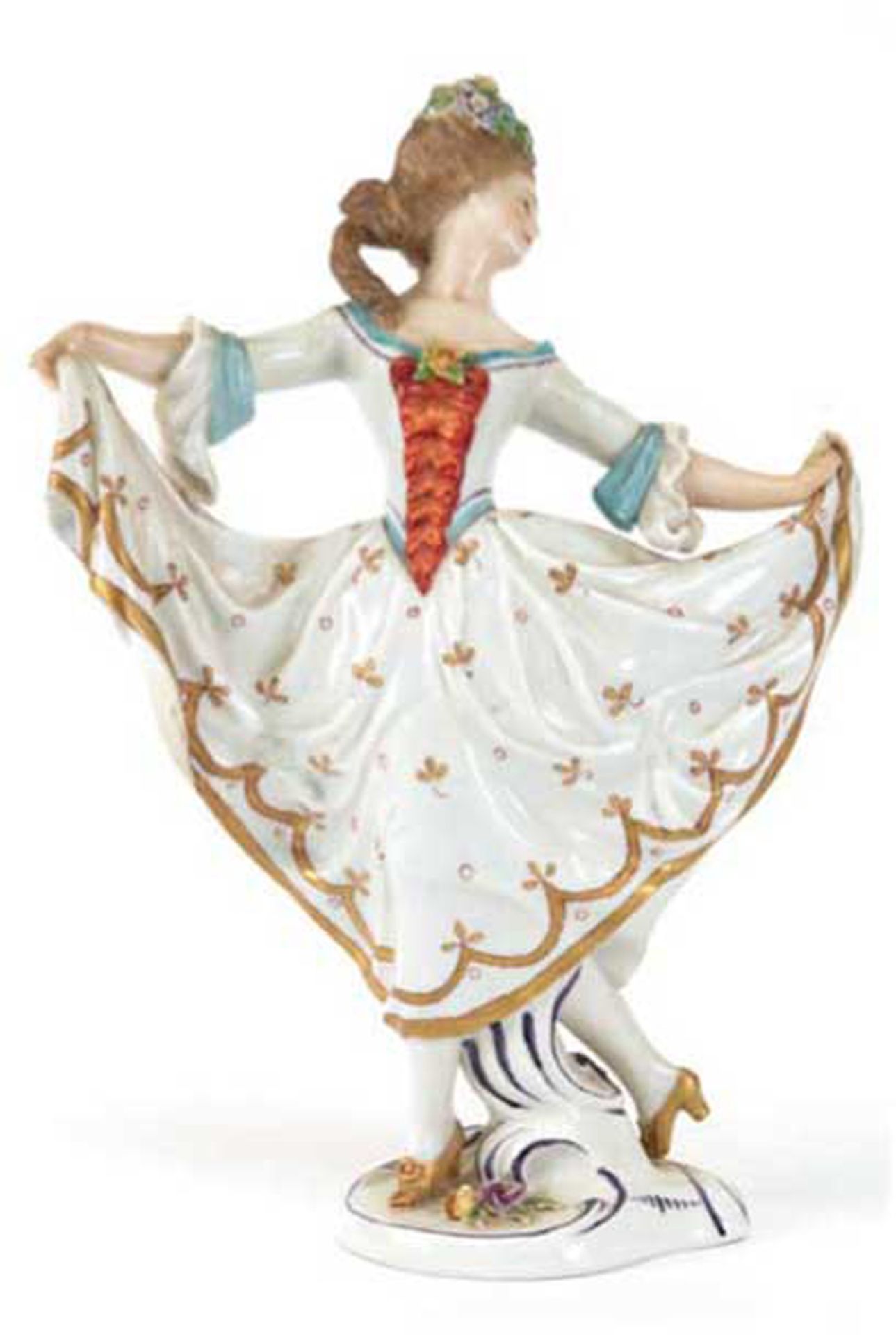 Porzellanfigur "Tanzende Rokokodame", Volkstedt 1915-1936, polychrom bemalt, Marke durchgeschliffen