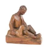 Holzfigur "Junge mit Schaf", Nussbaum, vollplastisch geschnitzt, unsign., Höhe mit Holzsockel 23 cm