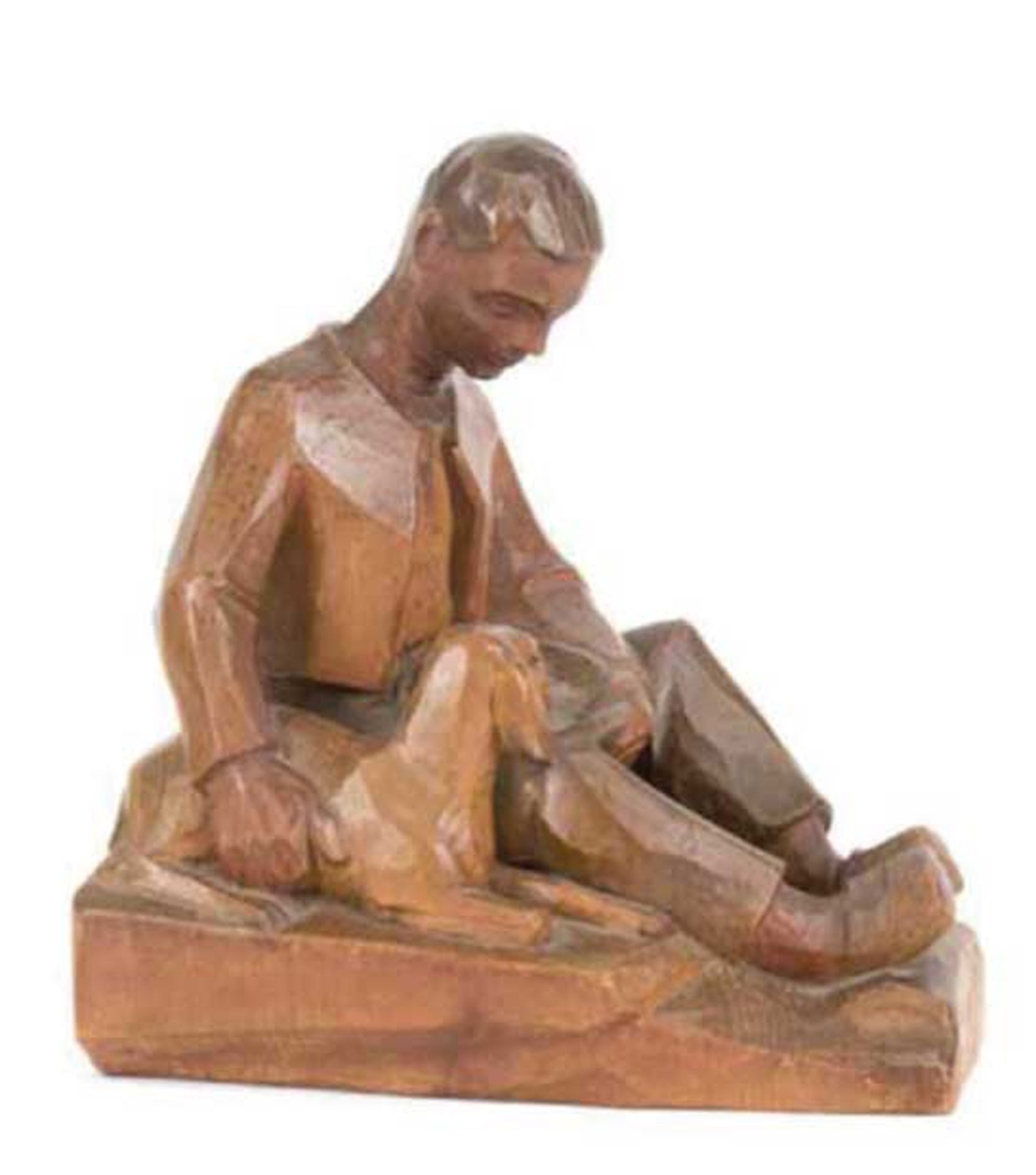 Holzfigur "Junge mit Schaf", Nussbaum, vollplastisch geschnitzt, unsign., Höhe mit Holzsockel 23 cm