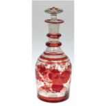 Biedermeier-Karaffe, Klarglas, rot lasierter Weindekor mit weißer Emailmalerei, eingeschliffener St