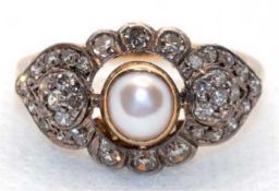 Ring, 750er GG, Brillanten 0,66 ct. in Silberfassung, echte Perle ca. 6 mm, RG 56, Innendurchmesser