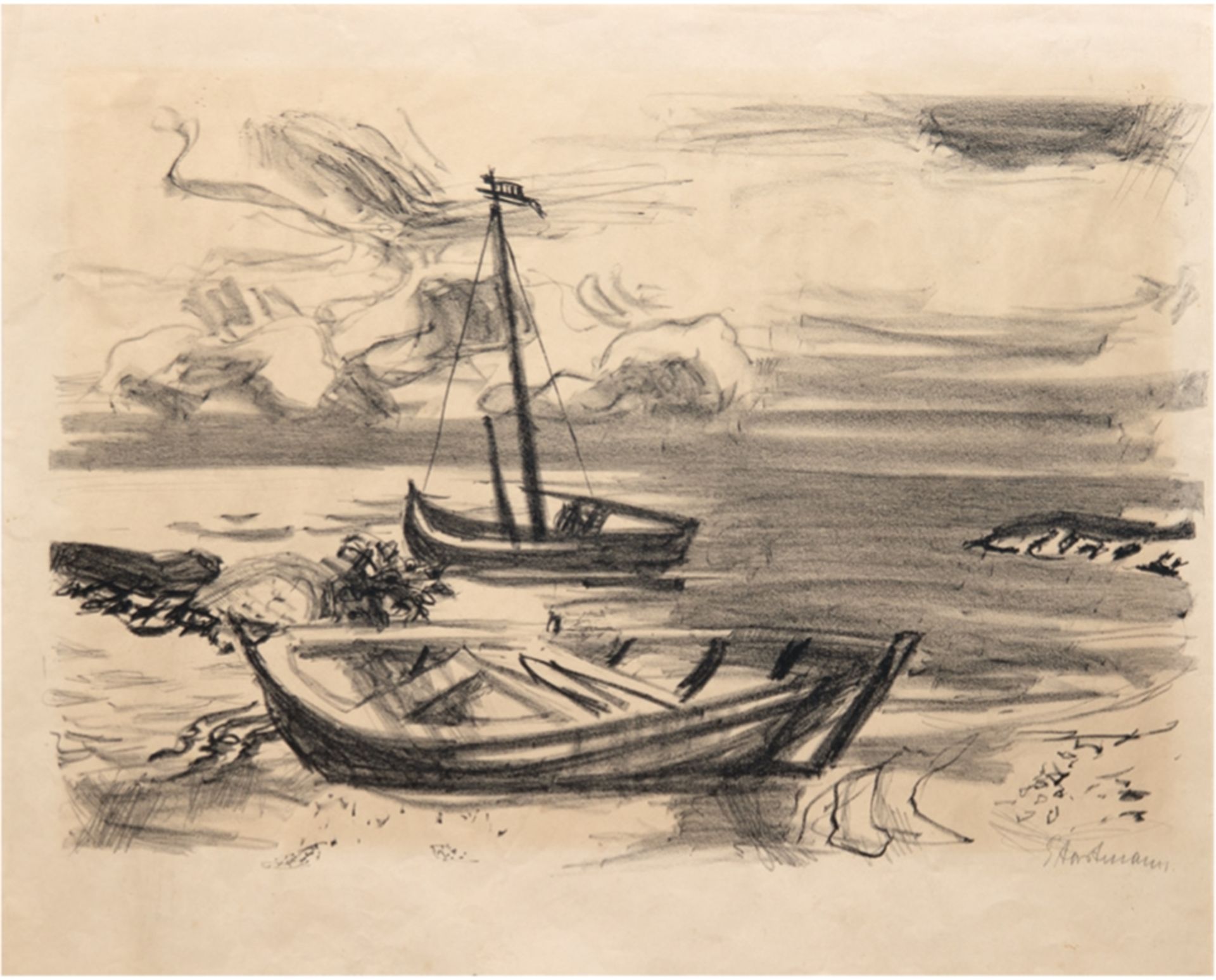 Hartmann, Erich (1886 Elberfeld-1974 Sylt) "Boote am Strand" Litho., mit Bleistift sign. u.r., 46x