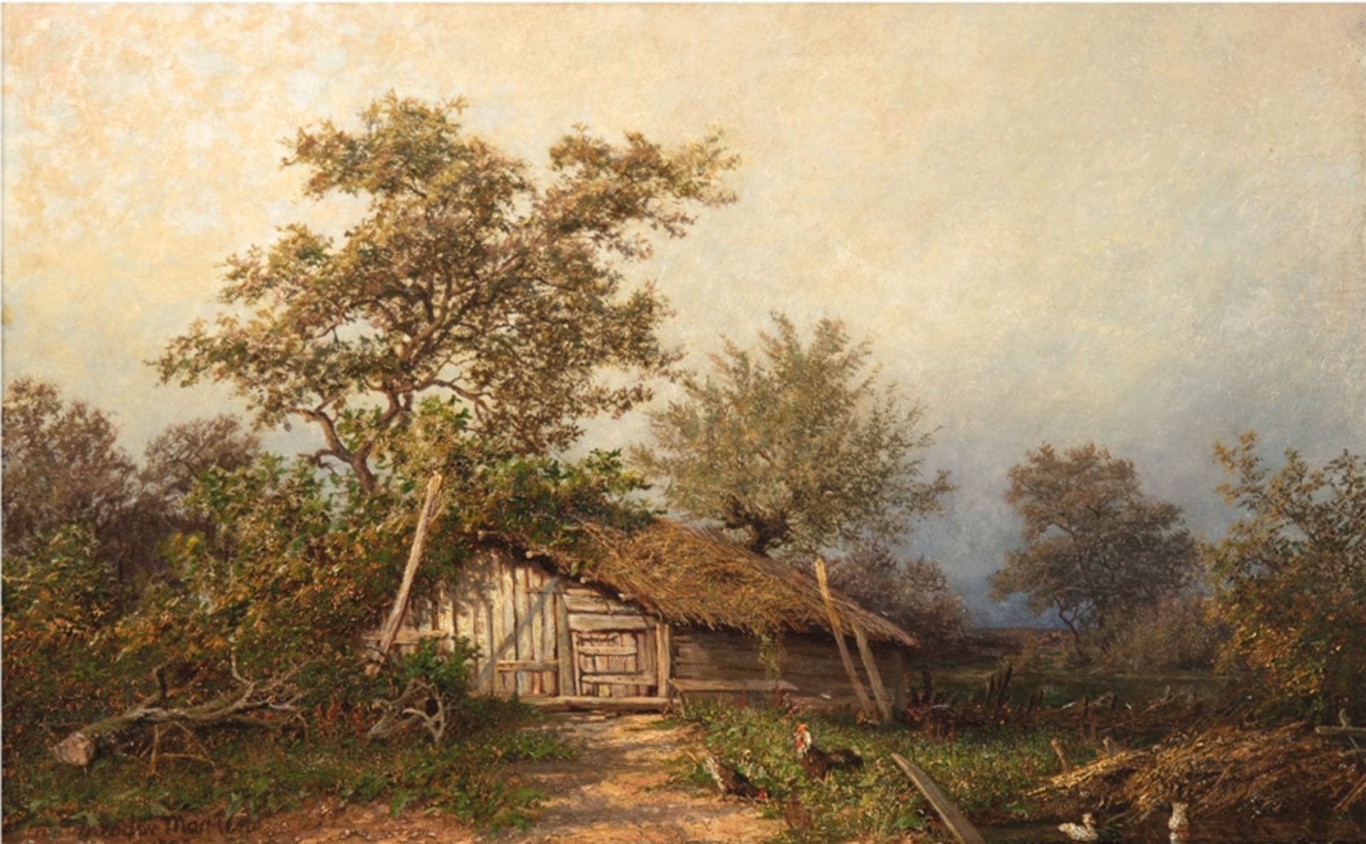 Martens, Theodor (1822 Wismar-1884 Portici, Italien) "Landschaft mit Hütte", Öl/Platte, sign und da