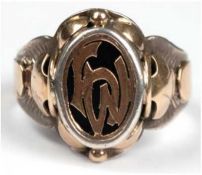 Herren-Siegelring, Monogramm "HW", phantasievolle Juweliersarbeit aus 585er GG und 800er Silber, RG