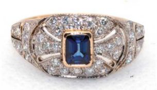 Ring im Art-Deco-Stil , 750er GG, blauer Saphir  0,61 ct. und Brillanten 0,54 ct., Millegriffes-Fas