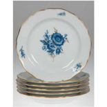 6 Meissen-Kuchenteller, Blaue Blume mit Goldgräsern, Aquatinta, Goldrand, Neuer Ausschnitt, 4 Schle