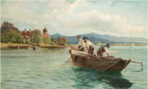 Lang, Ernst (Maler 1. Hälfte 20. Jh.) "Fischer auf dem Chiemsee beim Einholen der Netze", Öl/ Holz,