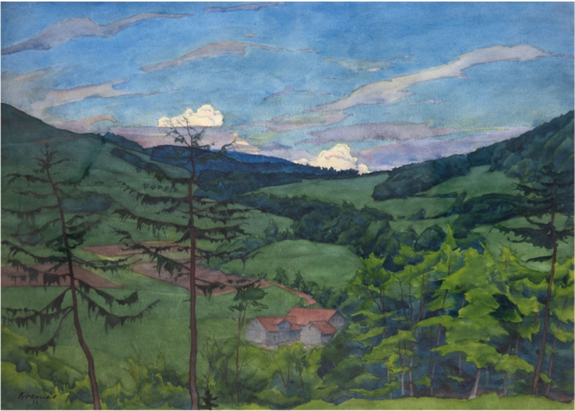 Bremer, Hans (1885 Berlin- 1959 ebenda) "Rhöntal bei Sparbrod" , Aquarell, signiert und datiert (19