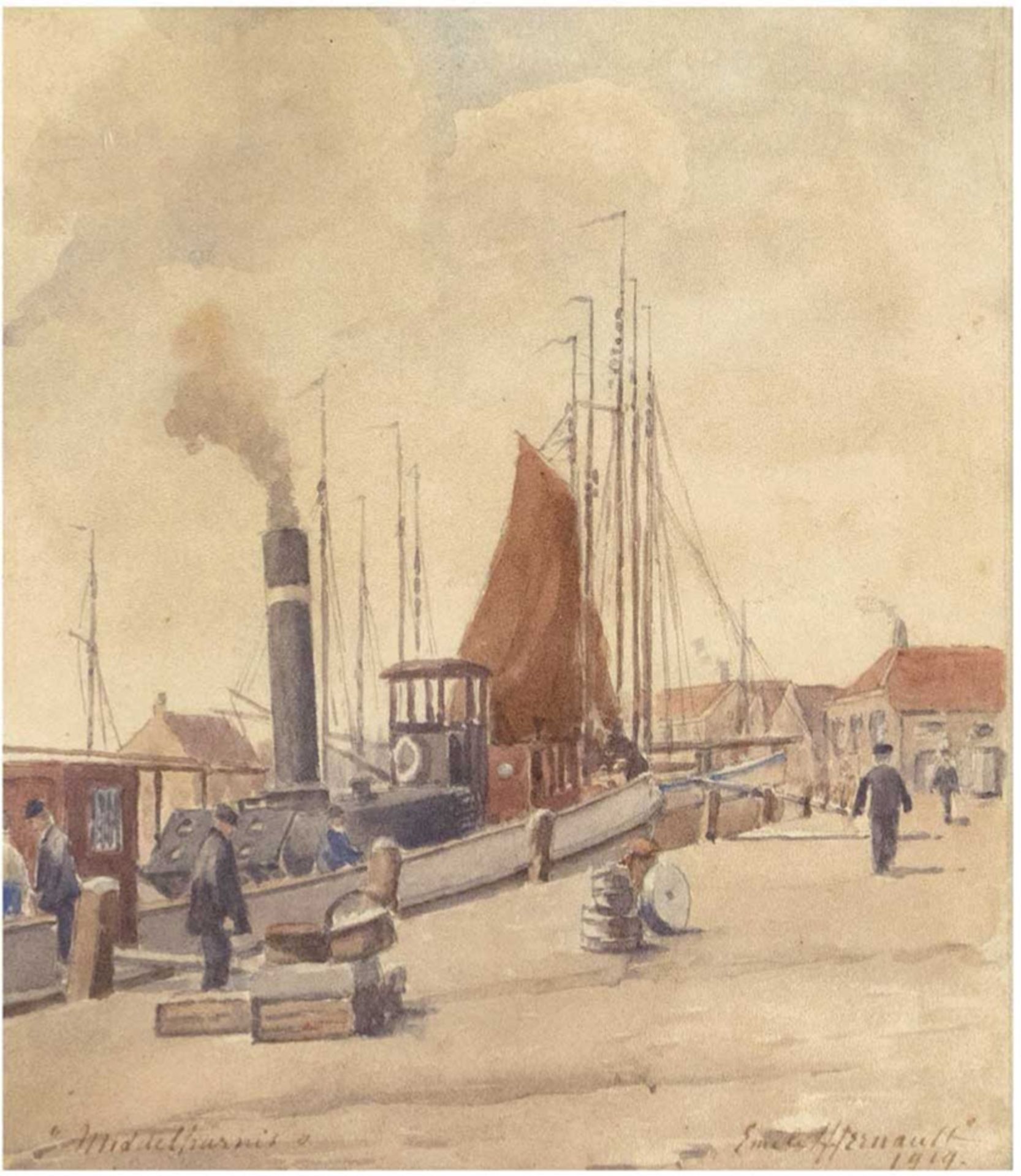 Maler Anfang 20. Jh. "Reges Treiben im Hafen", Aquarell, unleserl. sign. "Emile H...nault" und  dat