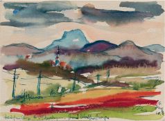 Stengel, Gerhard (1915 Leipzig-2001 Dresden) "Berglandschaft mit Dorfansicht", Aquarell auf Postkar