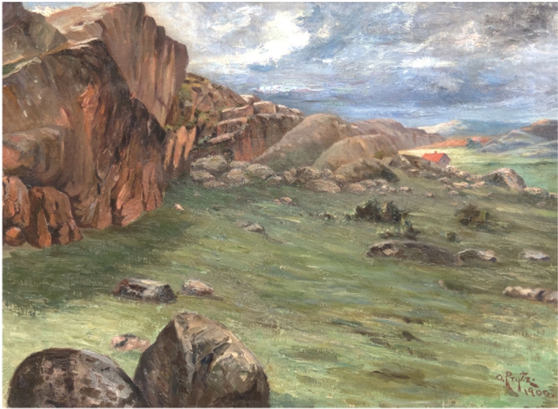 Prytz, Olof August (1872 Göterborg- 1954 Göterborg) "Weite norddeutsche Landschaft mit Felsmassiv",