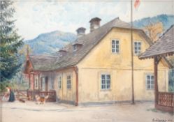 Graner, Ernst (1865 Werdau-1943 Wien) "Bauernhaus mit Bäuerin und Hunden", Aquarell, sign. u.r. und