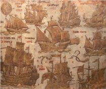 "Darstellung der Schiffe des Ditmar Koel 1563 und des Columbus 1492", Goldmalerei auf Leder, Gebrau