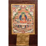 Thangka, im Zentrum Gottheit, flankiert von zahlreichen Mönchen und anderen Gottheiten, feine Maler