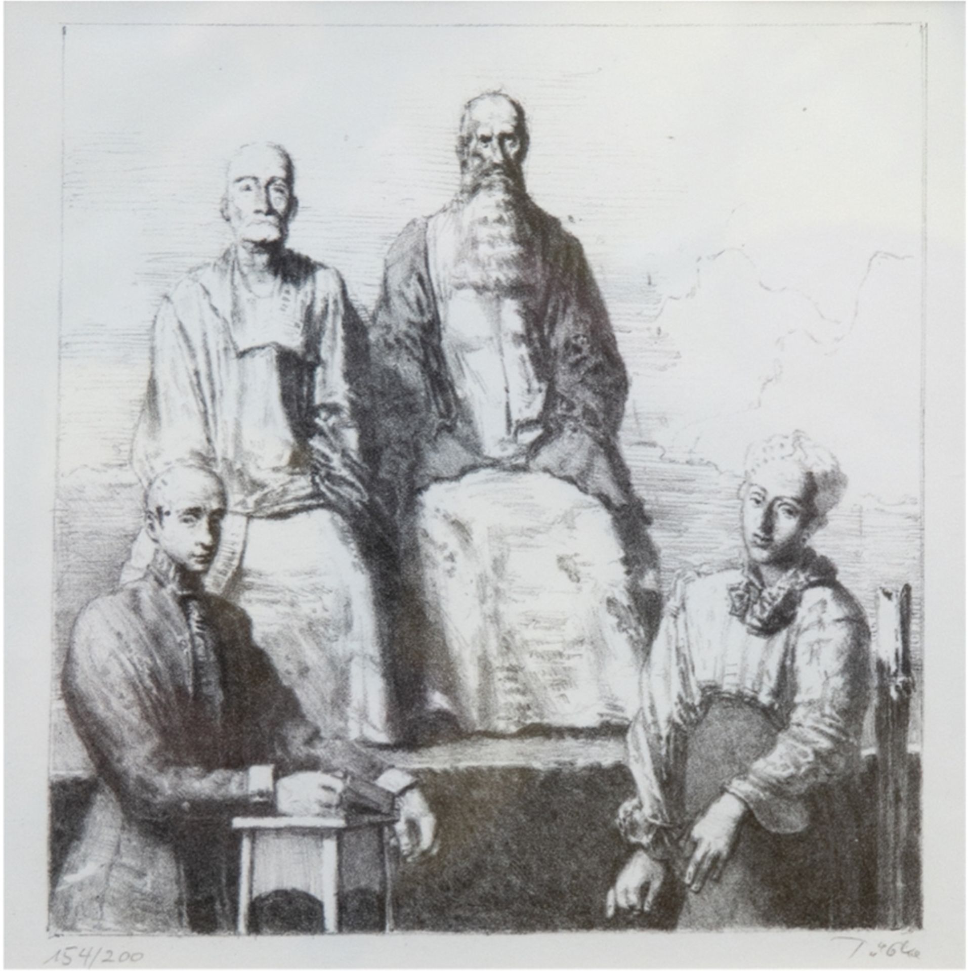 Tübke, Werner (1929 Schönebeck an der Elbe-2004 Leipzig) "Gruppenbild", Kreide-Lithografie, 1991, 1