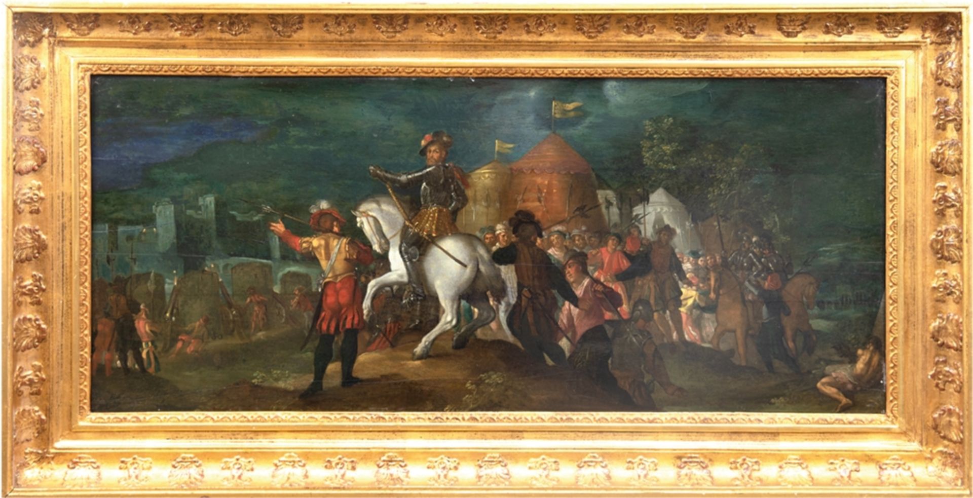 Altmeister um 1700 "Wallenstein vor Nürnberg", Öl/H., 38x90 cm, Prunckrahmen