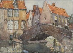 Preussner, Else (1889-1954) "Altstadt mit Brücke", Mischtechnik, sign. u.l., 26x340 cm, im Passepar