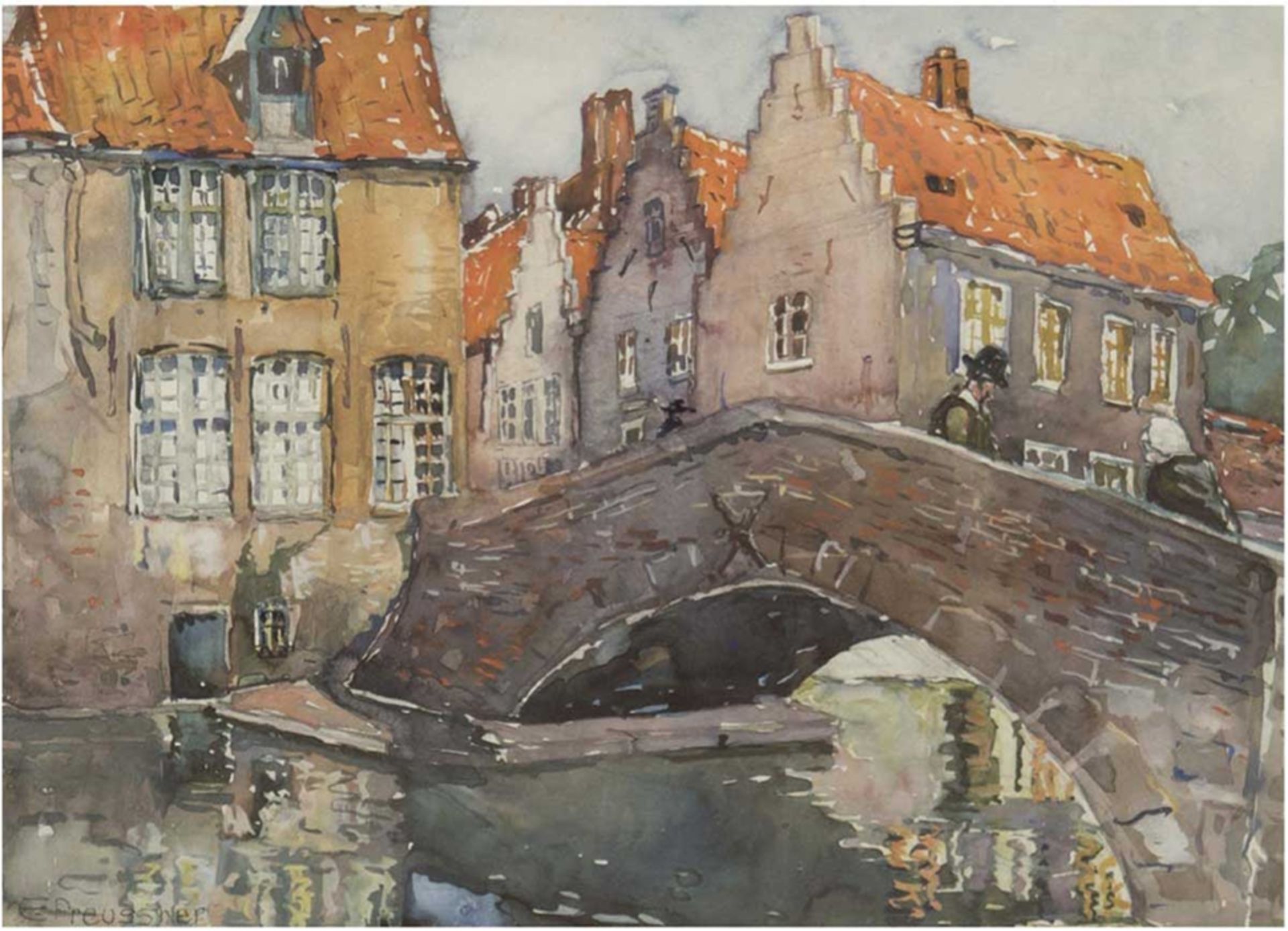 Preussner, Else (1889-1954) "Altstadt mit Brücke", Mischtechnik, sign. u.l., 26x340 cm, im Passepar