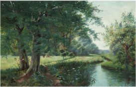 Bayer, M. "Waldbach und Rehe auf der Lichtung", Öl/Lw., sign. u.l. und dat. 1906, 40x60 cm, Rahmen