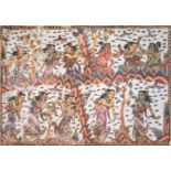 Thangka mit figurenreiche Darstellung auf Leinen, Farbverluste, an den Ecken Einstecklöcher, 51x80
