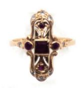 Rubin-Brillant-Ring im Art-Deco-Stil, 585er GG, besetzt mit 5 unterschiedlich geschliffenen Rubinen