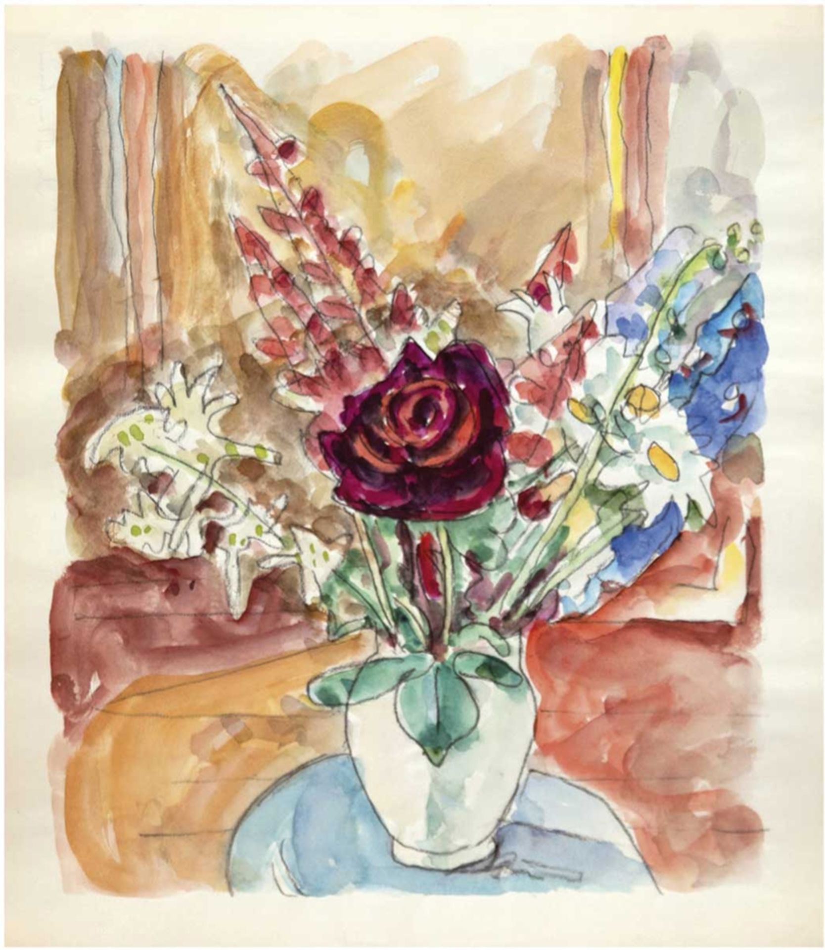 Hauptmann, Ivo (1886 Erkner-1973 Hamburg/Dresden) "Blumenstilleben mit Rose", Aquarell, 50er Jahre,