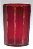 Becherglas, um 1800, Rubinglas, 10-kantige Form mit goldenem Streifendekor, berieben, H. 10 cm