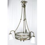 Jugendstil-Deckenlampe. um 1900, Bronze, Reif mit Festonverzierung und eingesetzter, geschliffener