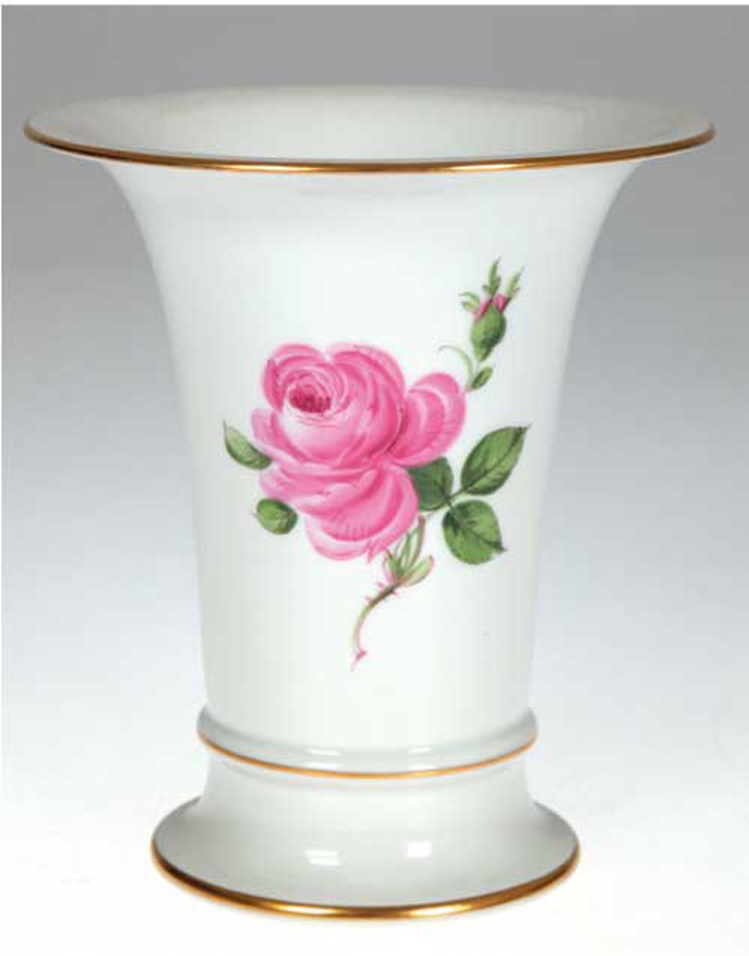 Meissen-Vase, Rote Rose, Goldränder, Trompetenform, 2 Schleifstriche, H. 16 cm