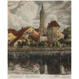 Sager, Otto (1870-1940) "Blick auf Stadt- wohl Ulm", Radierung, koloriert, handsigniert u.l., 24,5x