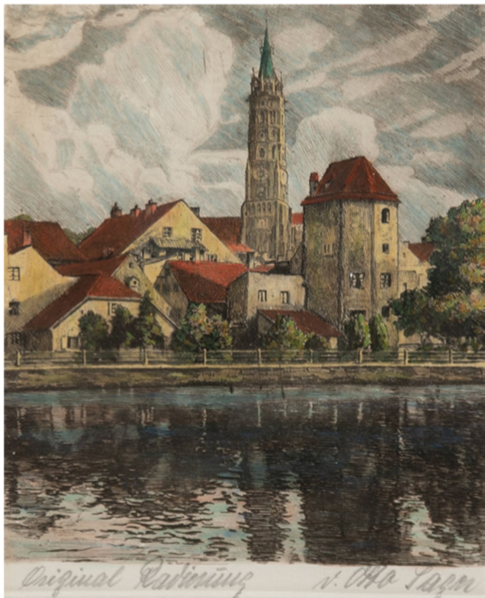 Sager, Otto (1870-1940) "Blick auf Stadt- wohl Ulm", Radierung, koloriert, handsigniert u.l., 24,5x