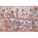 Thangka mit figurenreiche Darstellung auf Leinen, Farbverluste, 51x80 cm, ungerahmt