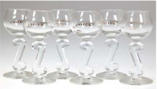 6 Unicum-Gläser, Ritzenhoff, farbloses Glas, Stiel im Z-Design, geeicht 2 cl, H. 12 cm