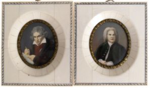 2 Miniaturen "Bach" und "Beethoven", feine Malerei auf Bein, oval, je 6x5 cm, Rahmen