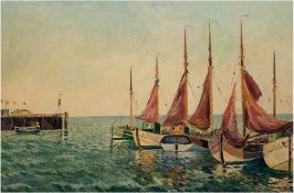 Mindermann, Heinz (1872 Bremen-1959 Norderney) "Fischerboote im Hafen von Helgoland", Öl/ Lw., sign