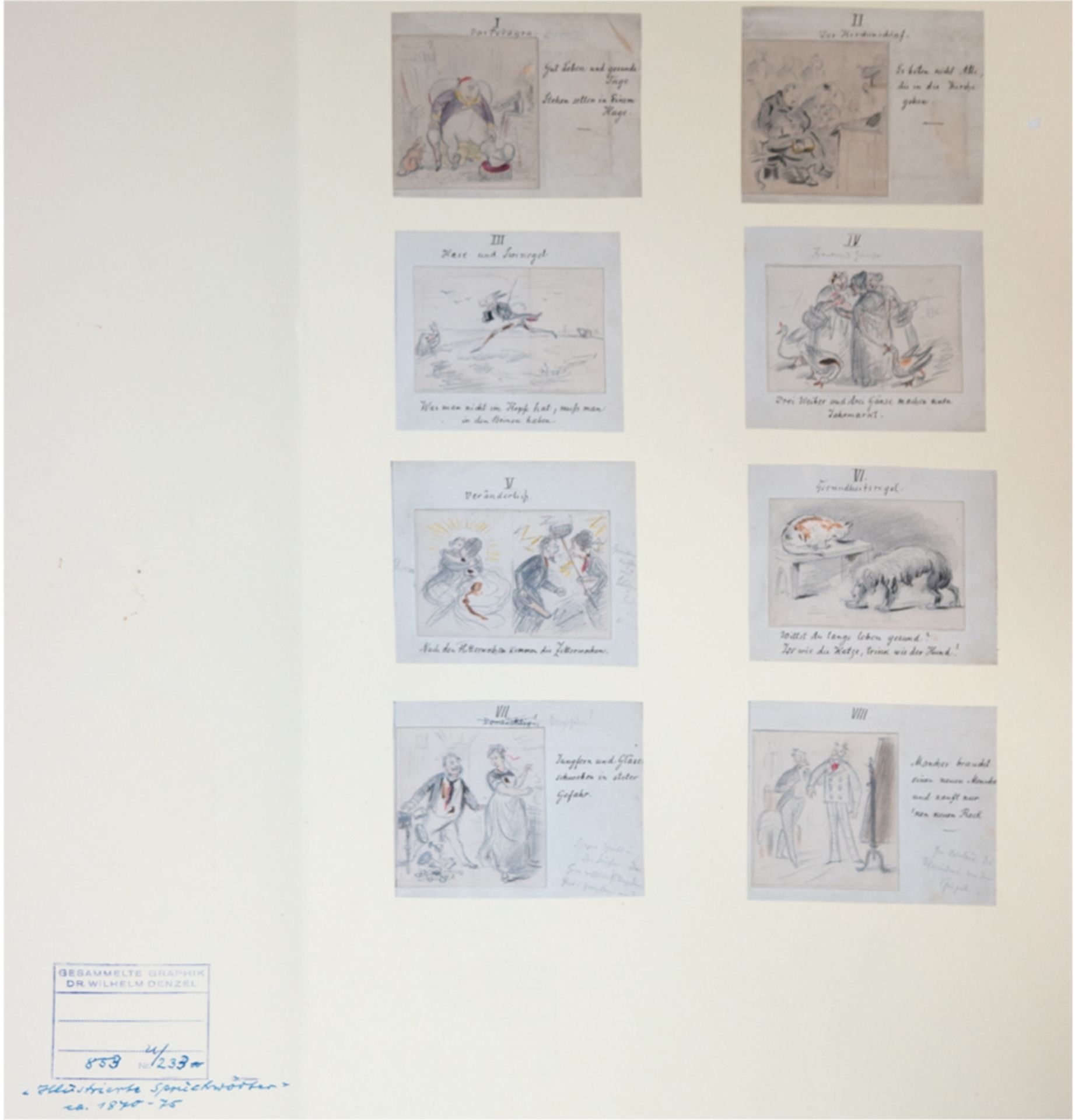 Mappe mit 8 kl. Zeichnungen "Illustrationen", Zeichnungen je 7x14 cm, betitelt in altdeutscher Schr