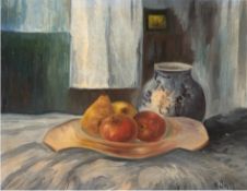 Kühn (Deutscher Impressionist) "Obststilleben mit Keramikkrug", Öl/ Karton, sign. u.r., 35,5x39 cm,