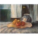 Kühn (Deutscher Impressionist) "Obststilleben mit Keramikkrug", Öl/ Karton, sign. u.r., 35,5x39 cm,