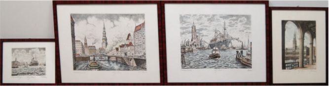 Konvolut von 4 kolorierte Radierungen von versch. Künstlern dabei Kühlen "Hamburger Hafen", 16,5x22