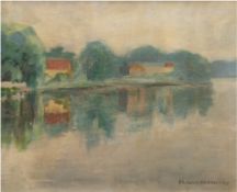 Olsson, H.W. "Häuser am See", Öl/Lw., sign. u. dat. '47 u.r., 25x30 cm, Rahmen