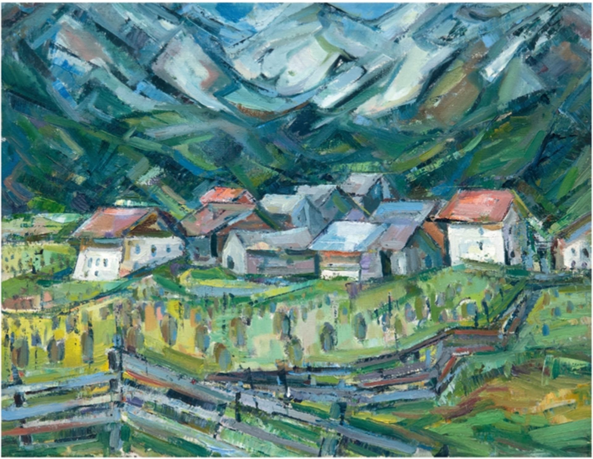 Landschaftsmaler "Alpendorf", Öl/Lw., unsign., verso bezeichnet "Steinhagen", 50x61 cm, ungerahmt