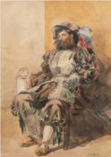 Mühlig, Albert Ernst (1862 Dresden-1909 ebenda) "Rastender Ritter mit Krug in der Hand", Aquarell, 